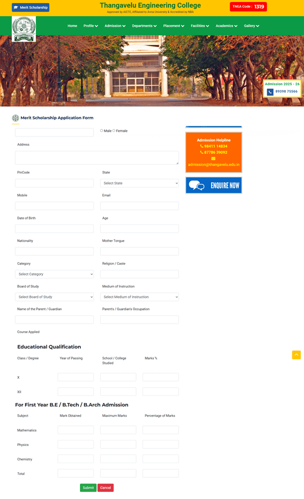 Thangavelu Merit Scholarship 2025 Application Form